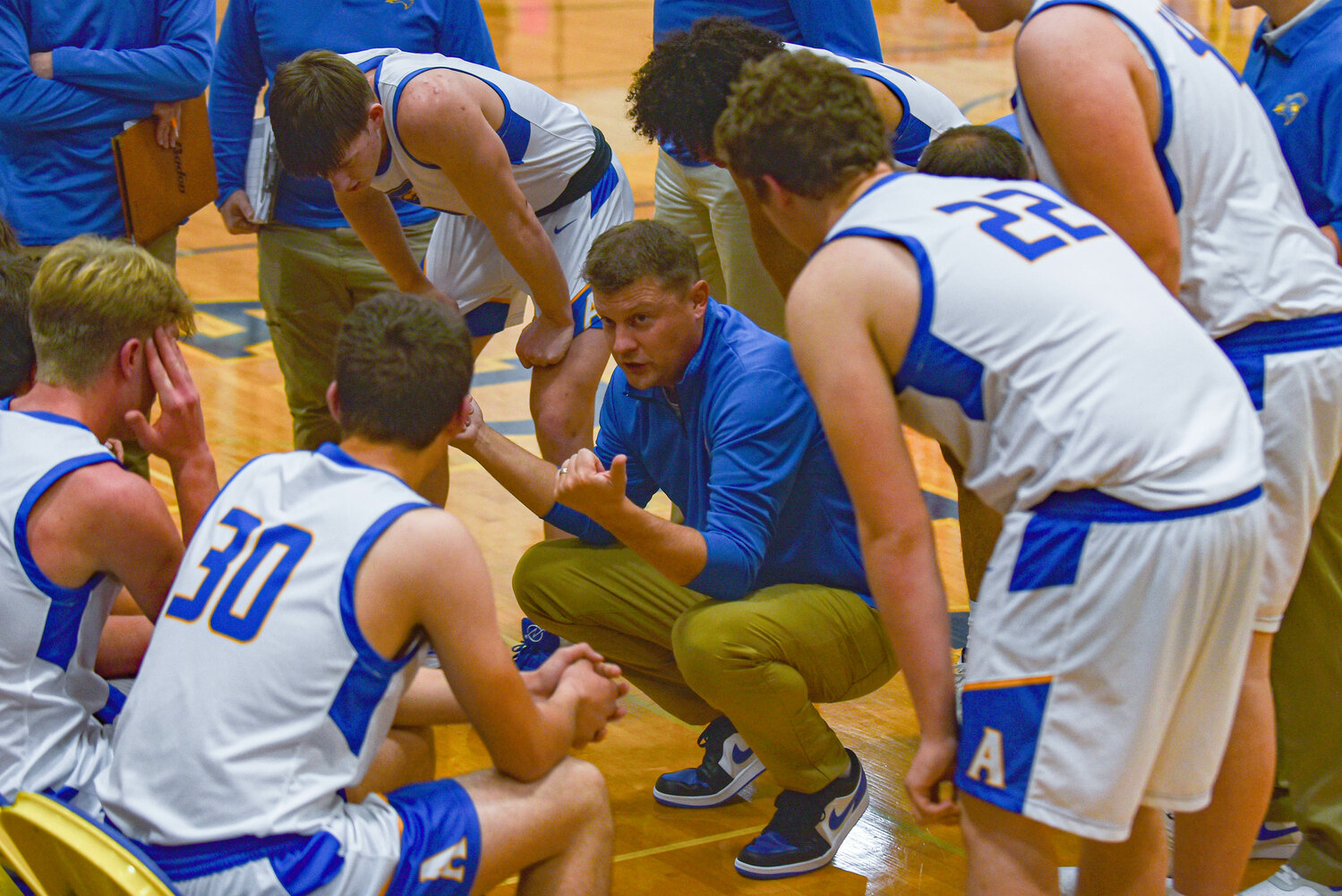 Luke Salme instructs his players during Adna's 78-37 win over Onalaska Dec. 7.